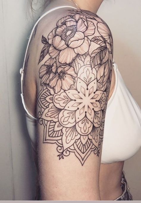 Flower Mandala Shoulder Tattoo, Mandela And Peony Tattoo, Shoulder Cap Tattoos For Women Mandalas, Mandala Shoulder Cap Tattoo, Floral Shoulder Cap Tattoo, Shoulder Mandala Tattoo, Mandala Shoulder Tattoo, Shoulder Mandala, Shoulder Piece Tattoo