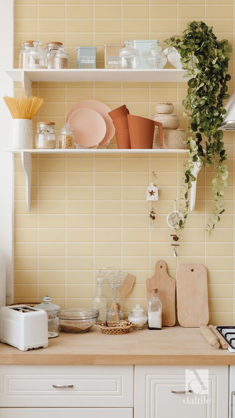 Yellow Tile Kitchen, Yellow Tile Bathroom Ideas, Yellow Kitchen Tiles, Yellow Wall Tiles, Warm Kitchen Colors, Kitchen Color Yellow, Yellow Kitchen Designs, Cabin Renovation, Camper Interior Design