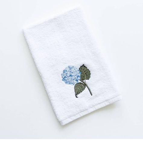 Hand Towel Design Ideas, Embroidered Hydrangea, Embroidery Hydrangea, Watercolour Hydrangea, Hydrangea Embroidery, Embroidered Dish Towels, Napkin Ideas, Towel Embroidery Designs, Hydrangea Bloom