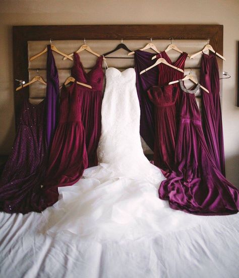 Bridesmaid Dresses Mix Match, Wedding Ideas Burgundy, Wedding Colors Burgundy, Trendy Wedding Colors, Plum Bridesmaid, Plum Bridesmaid Dresses, Wedding Bridesmaids Dresses Blue, Jewel Tone Wedding, Burgundy Bridesmaid