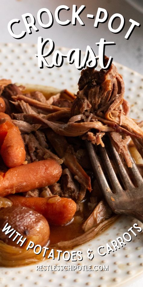 Crockpot roast with potatoes, carrots, and onions is an easy one pot meal! Simple ingredients create big flavor with this classic recipe that the pickiest eater will dive into. Arm Roast Recipes Crockpot, Crockpot Beef Pot Roast, Pot Roast Crock Pot Recipes Easy, Chuck Roast Crock Pot Recipes, Roast Beef Crock Pot Recipes, Delicious Pot Roast, Beef Roast Crock Pot, Crockpot Foods, Crockpot Pot Roast