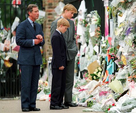 The brothers and their father, Prince Charles, survey floral tributes left in honour of Princess Diana William And Harry, Prinz Charles, Principe William, Princess Diana Photos, Diana Princess Of Wales, Prinz Harry, Prince William And Harry, Principe Harry, Charles And Diana