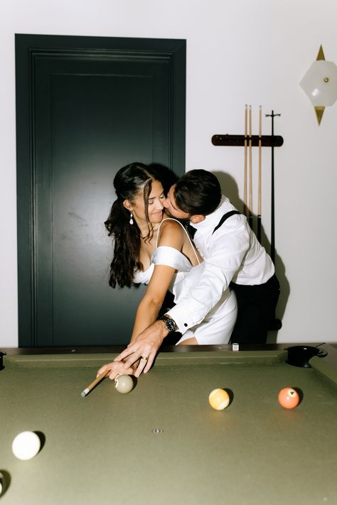 Engagement Pic Ideas Couple Posing, Pool Table Wedding Photos, Pool Hall Engagement Photos, Engagement Photos Playing Pool, Billiards Engagement Photos, Engagement Photos Pool Table, Pool Table Engagement Photos, Country Club Engagement Photos, Golf Wedding Photos