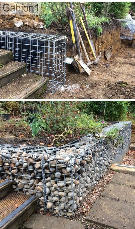 Gabion Wall Design, Retaining Wall Construction, Gabion Retaining Wall, Garden Retaining Wall, Gabion Wall, Landscaping Retaining Walls, Hillside Landscaping, Sloped Garden, Magic Garden