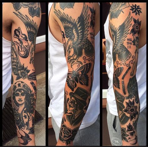 Mens Classic Tattoos, Black And Grey American Traditional Sleeve, Tattoo Styles Men, Classic Tattoos For Men, Black Traditional Tattoo Sleeve, American Traditional Shoulder Tattoo, Traditional Tattoos Men, Cool Traditional Tattoos, Traditional Arm Tattoo