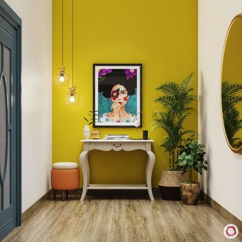 9 Lighting Options for Your Entryway Yellow Wall Design, Passage Wall Design, Colorful Foyer, Colorful Entryway Ideas, Passage Design, Console Designs, Mustard Yellow Walls, Yellow Wall Decor, Twinkle Khanna