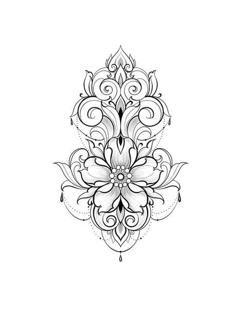 Cute Mandala Tattoos, Floral Ornamental Tattoo Back, Mandala Flowers Design, Ornamental Tattoo Ideas, Tattoo Asethic, Ornaments Tattoo Design, Ornamental Flower Tattoo Design, Mandala Sketch Tattoo, Sternum Ornamental Tattoo