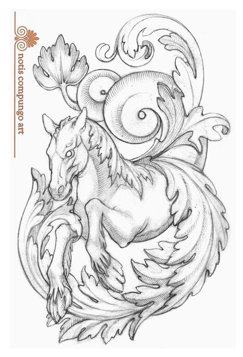 Hippocampus Drawing, Hippocampus Tattoo, Hippocampus Mythology, Seahorse Tattoo, Lace Tattoo Design, Sea Drawing, Seahorse Art, Banner Web, Mermaid Tattoo