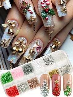 Christmas Press On Nail Designs, 3d Xmas Nails, Christmas 3d Nails, Pearl Nails Art, Christmas Nails 3d, 3d Christmas Nails, Nail Embellishments, Pearl Nail Art, Festive Manicure