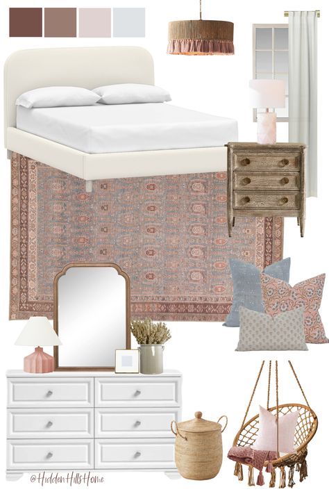 Girls bedroom decor mood board with blue, blush, and mauve tones throughout! This young girls room is feminine and youthful Blue And Mauve Bedroom, Light Mauve Bedroom, Mauve Bedroom Decor, Mauve Girls Bedroom, Mauve Girls Room, Mauve Bedroom Ideas, Mauve Bed, Girls Bedroom Mood Board, Maroon Room