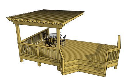 Low Elevation Deck Plan with Half-Covering Pergola | Decks.com Deck Plans Diy, Free Deck Plans, Deck Building Plans, Laying Decking, Wooden Deck, Building A Pergola, Wooden Pergola, Deck With Pergola, Small Deck