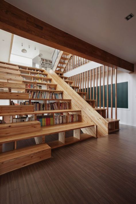 50 Creative Ways To Incorporate Book Storage In & Around Stairs Staircase Slide, Interior Design Minimalist, Indoor Slides, Stair Case, Home Cinema, Design Del Prodotto, Staircase Design, Home Library, Made Of Wood