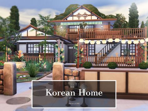 Pralinesims' Korean Home Sims 4 Japanese House, Sims 4 Korean, Korean House Design, Traditional Korean House, Japanese Inspired Home, Korean House, The Sims 4 Lots, Asian House, Kpop Ideas