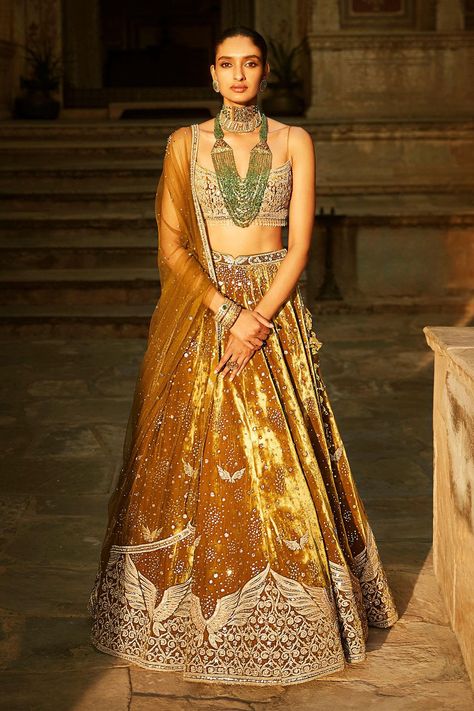 Sangeet Bride, Anita Dongre Lehenga, Wings Flying, Indigenous Fashion, Velvet Lehenga, Fashion Garments, Green Wing, Spaghetti Strap Blouses, Couple Dress