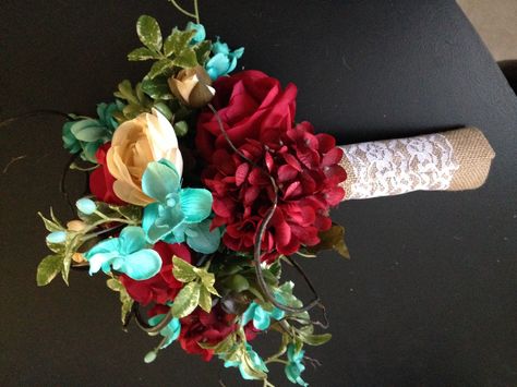 Vintage turquoise and red wedding bouquet Burgundy And Teal Wedding Flowers, Maroon And Turquoise Wedding, Turquoise And Red Wedding Theme, Western Wedding Flowers Turquoise, Deep Red And Teal Wedding, Turquoise And Red Wedding, Red And Turquoise Wedding Bouquet, Aqua And Red Wedding, Teal Fall Wedding