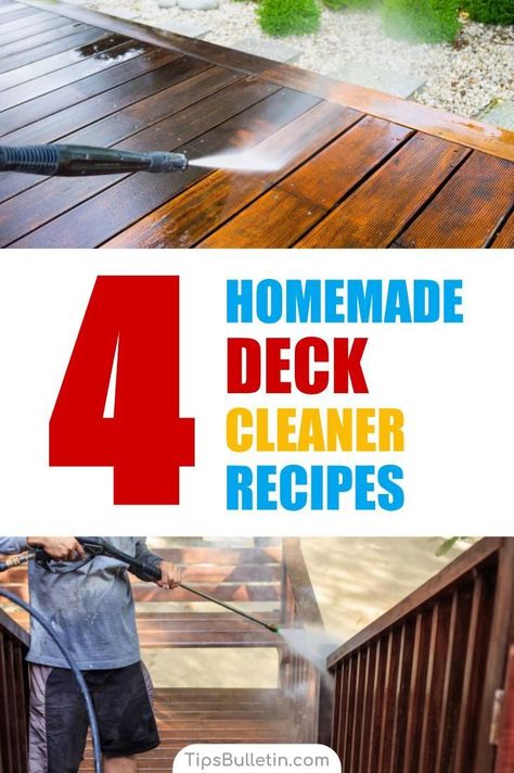 Find out how to clean your deck and outdoor area with 4 homemade deck cleaner recipes. Perfect cleaning tips on how to make a mildew and algae, murphy's oil mildew cleaner as well as bleach or soapy deck scrub. Ideal for manual or pressure washer use. #deckcleaning #scrub #patio #cleaner Deck Cleaner, Clean Hacks, Deck Cleaning, Homemade Toilet Cleaner, Hardwood Floor Cleaner, Cleaning Painted Walls, Cleaner Recipes, Glass Cooktop, Deep Cleaning Tips