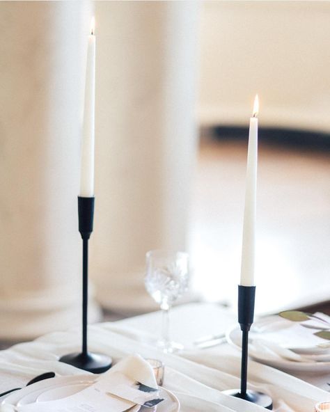 Bureau Design | Tanya Jago on Instagram: “Coming soon! Looking forward to sharing this incredible ‘Old world meets modern masculinity’ editorial, created by the wonderful…” Candle Stick Holders Wedding, Taper Candle Centerpiece, Classic Palace, Black Candlesticks, Black Taper Candles, Black And White Wedding Theme, White Candle Sticks, Black Candle Holders, Modern Groom