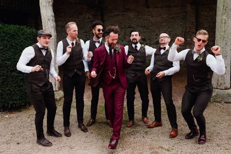 Groomsmen | Groom in Burgundy Bespoke Suit | Dream Catcher Decor for an Outdoor Wedding at Dewsall Court Hereford | Rue de Seine Cleo Boho Bridal Gown | Bridesmaids in High Low Pink Free People Dresses | Claudia Rose Carter Photography | Costa Sister Productions Groom In Burgundy, Winter Wedding Groom, Wedding Groom And Groomsmen, Boho Wedding Groomsmen, Wedding Wallpaper, Wedding Groomsmen Attire, Groom Wedding Attire, Maroon Wedding, Boho Bridal Gowns