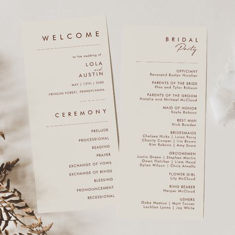 Simple Desert | Natural White Wedding Program Simple Desert, Wedding Program, Wedding Programs, Wedding Suits, Maid Of Honor, White Wedding, Sign Poster, Programming, Bridal Party