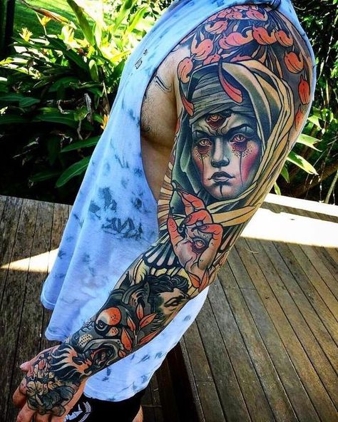 Stand out from the crowd! We've collected 50+ neo-traditional tattoo ideas for men and women. 10+ of the most popular categories: portraits, Japanese, and more. Traditional Tattoo Filler, Mangas Tattoo, 15 Tattoo, Tattoo Sleeve Filler, Neo Tattoo, Monster Tattoo, Tattoo Filler, Traditional Tattoo Sleeve, Skeleton Hand Tattoo