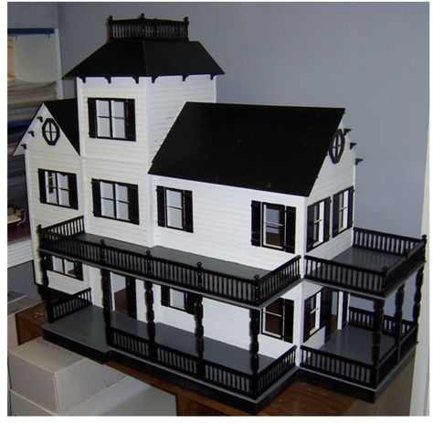 Victorian farmhouse in black and white a redo. Double balcony and porches. Love the basic design of this masterpiece. White Doll House, Dollhouse Exterior, Dollhouse Design, Build A Playhouse, Pottery Houses, Victorian Farmhouse, Doll House Plans, Dollhouse Projects, Sims House Design