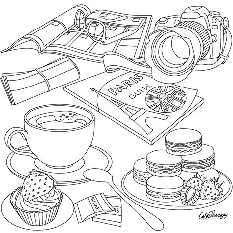 Europe Coloring Pages, Paris Coloring Pages, Travel Paris, Spring Coloring Pages, Tree Coloring Page, Adult Colouring Pages, Colouring Printables, Color Therapy App, Cat Coloring Page