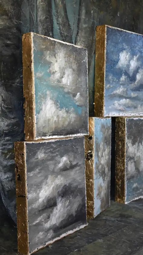 Studio | JENNIFER LANNE Jennifer Lane, Cloud Paintings, Jennifer Lanne, Gold Leaf Art, Encaustic Art, Cloud Painting, Antique Decor, Amazing Art Painting, Sumi E