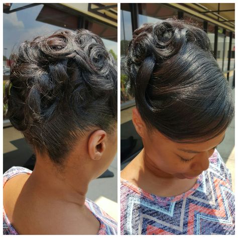 Updo on relaxed hair Updos For Black Women, Relaxed Hair Health, Black Women Updo Hairstyles, Relaxed Updo, Relaxed Hair Journey, Curly Updos, Pin Curl, African American Hair, Black Hairstyles With Weave