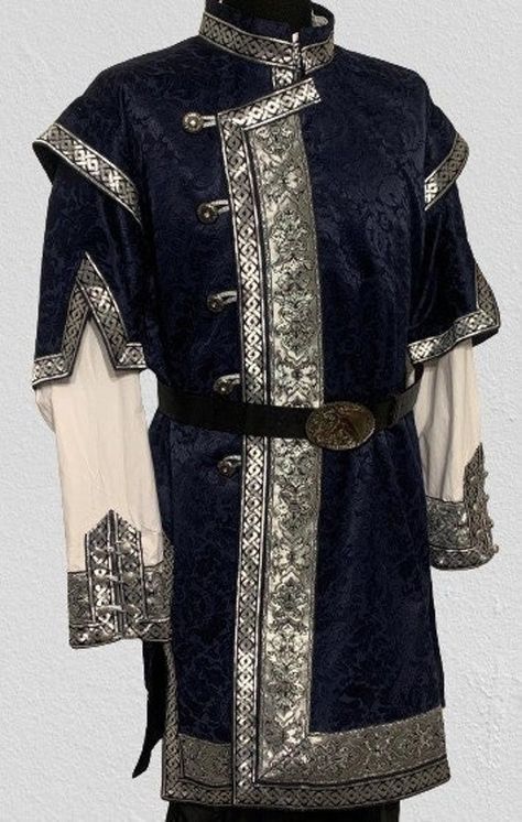 This princely kaftan is made of dark blue brocade, decorated it with a black-silver trim. Recommended also for LARP and reenactment events. The pattern of the trim  may differ from the one in the photo. *The long-sleeved shirt and the belt are only decoration on the photo. The long shirt (tunic) is listed on our website too. Made to order, not in stock. It is made customized for every customer. Please add your measurements based on the guide when ordering. Please note that above 90 kg/200 lbs fo Royal Prince Outfit Aesthetic, Fancy Medieval Clothes Male, Medieval Royalty Clothing, Kievan Rus Clothing, Fantasy Style Clothes, Russian Clothing Men, Fancy Clothes Men, Japanese Royalty Clothing, 17th Century Fashion Mens