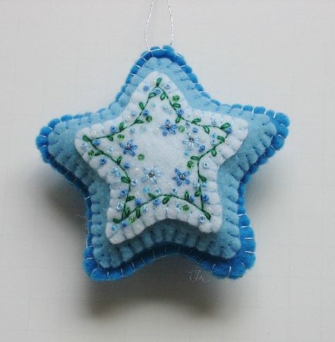 felt ornaments | Felt Embroidered Star Ornament. | Christmas Ornaments Felt Star Ornaments, Felt Star Ornaments Diy, Felt Stars Christmas, Star Felt Ornament, Velvet Star Ornament, Sequin Felt Ornaments, Sewn Christmas Ornaments, Homemade Christmas Tree, Felt Craft Projects