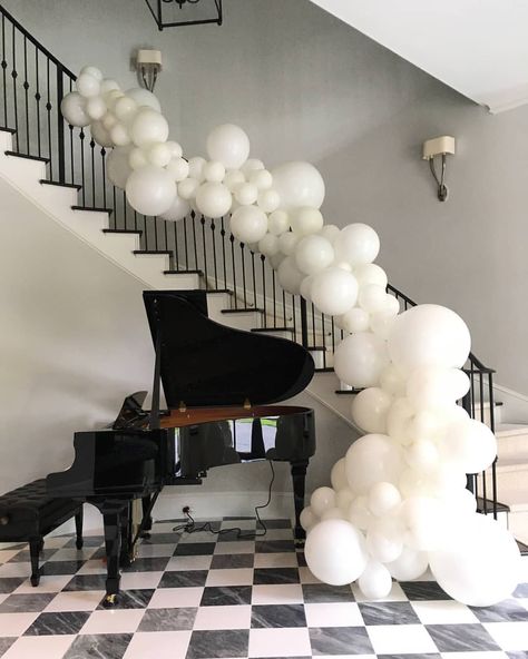 Black And White Bachelorette Party Decor, Balloon Staircase Decor, Black White Balloon Arch, Staircase Balloon Garland, Barristers Ball, White Balloon Garland, Black And White Ball, Edward Jones, Black And White Balloons