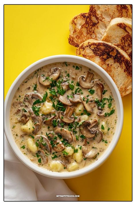 I can't get enough of this creamy mushroom gnocchi! The perfect balance of flavors and textures, this dish is comforting and satisfying. With tender gnocchi nestled in a rich, savory cream sauce, topped with fresh parsley, it's a dish that's sure to impress. Paired with some crispy toasted bread, it makes for a delightful meal any day of the week. Crispy Gnocchi And Mushrooms, Gnocchi Sauce Recipes, Mushroom Gnocchi, Creamy Chicken Marsala, Gnocchi Sauce, Benefits Of Chicken, Gnocchi Recipes Soup, Gluten Free Gnocchi, How To Cook Gnocchi