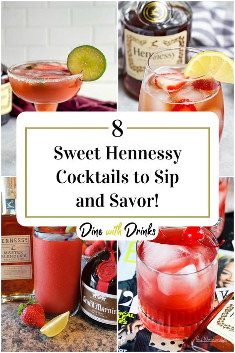 Collage of 4 sweet hennessy cocktails. Hennessy Christmas Drinks, Hennessy Mixed Drinks Recipes, Hennessy And Stella Rose Black Recipe, Drinks Made With Hennessy, Cocktails With Hennessy, Henny Cocktails, Mixed Drinks With Hennessy, Hennessy Cocktails Recipes, Hennessy Punch Recipes