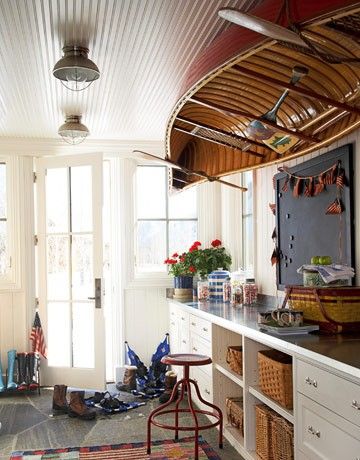 Mudroom with Rowboat on the Ceiling over Worktable Wood Canoe, Vintage Regal, Deco Marine, Country Aesthetic, Old Boats, Classic American Style, Cottage Ideas, Barn Style House, Ocean Inspired