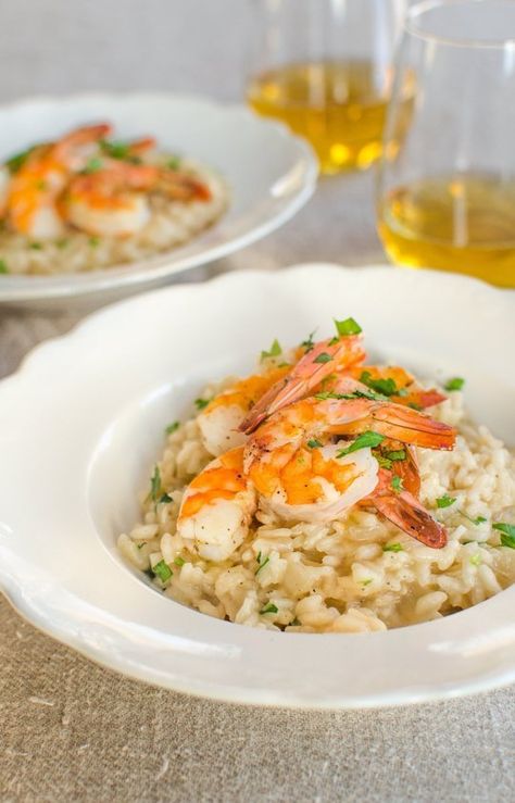 Recipe for Two (or More): Parmesan Risotto with Roasted Shrimp Recipes from The Kitchn | The Kitchn Roasted Shrimp Recipes, Seafood Risotto, Parmesan Risotto, Roasted Shrimp, Shrimp And Grits, Romantic Meals, Risotto Recipes, Grits, Seafood Dishes