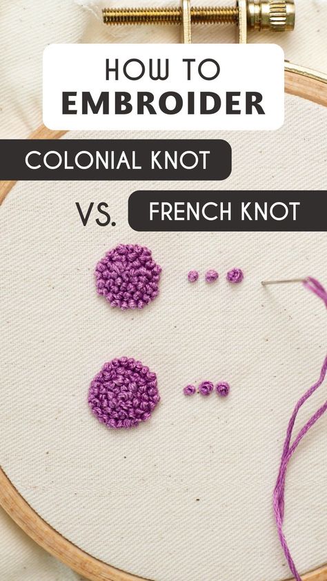 Stella Caraman | Embroidery Patterns & Tutorials | Colonial Knot vs. French Knot 🪡 Step by step, in this tutorial, you will be able to see and learn the difference between these wonderful 2... | Instagram How To Make A French Knot In Embroidery, Colonial Knot Embroidery, Embroidery Patterns Tutorials, Embroidery French Knot, Embroidery Knots, Colonial Knot, French Knots Embroidery, Crewel Embroidery Tutorial, Embroidery Video