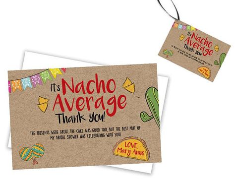 Get the Nacho Average Thank You Cards you’ve been looking for, for your nacho averagebirthday party, nacho average bridal shower, nacho average baby shower or taco party! Featuring a faux kraft design, and optional photo. This fiesta thank you card is personalized with your thank Nacho Average Employee, Taco Thank You Card, Thank You Tag Printable, Taco Party, Couples Baby Showers, Personalized Thank You Cards, Feeling Appreciated, Counting Cards, Baby Shower Thank You Cards