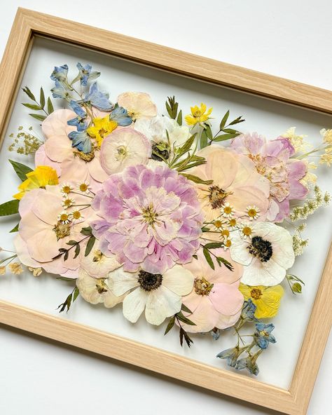 This pressed flower frame is extra special ✨ The story: The bouquet was created by @moonflowerfarmva who has created countless stunning arrangements over the past year—and this time, it was for her son’s wedding! 🤍 Preserving her daughter-in-law’s beautiful blooms was such an honor, and it feels even more meaningful because she’s sent so many lovely brides my way. Talk about full circle! 🌸 and so many gorgeous bouquets that have been preserved forever! The details: 11x14 Float Glass F... Wedding Flower Preservation Ideas, Flower Preservation Ideas, Pressed Flowers In Frame, Preserved Bridal Bouquet, Pressed Wedding Bouquet, Bouquet Frame, Pressed Flower Frame, Floral Preservation, Best Anniversary Gifts