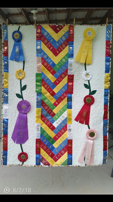 Fair Ribbon Display Ideas, What To Do With Award Ribbons, Ideas Of Things To Do With Old Horse Show Ribbons, Fair Ribbon Quilt, How To Display Horse Show Ribbons, Quilt Show Award Ribbons, Horse Back Riding Ribbons Display, Display Horse Show Ribbons, Swim Ribbons