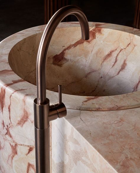 Wendy Bergman on Instagram: “A bespoke floristry sink, carved from solid blush-toned marble, holds presence at @lafantaisie_abbotsford, complemented by graceful arched…” Exposed Trusses, Geometric Wall Paint, Kitchen Sink Design, Victorian Buildings, Custom Carved, The Local Project, Banquette Seating, Bentwood Chairs, Stone Sink