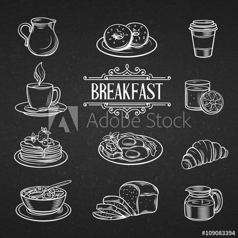 Decorative hand drawn icons breakfast foods Breakfast Bar Decor, Cafe Chalkboard, Chalk Menu, Coffee Chalkboard, Chalkboard Doodles, Drawn Icons, Ideas For Breakfast, Chalkboard Lettering, Chalk Lettering