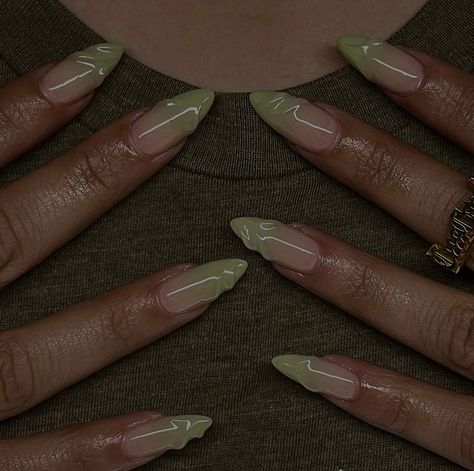 Khaki Green Nails Acrylic, Cheap Acrylic Nails Design, Simple Baddie Nails Almond, Green Nails Acrylic Oval, Almond Mint Green Nails, Green Full Set Nails, Ombre Sage Green Nails, Mint Green Nails Aesthetic, Almond Nails Olive Green