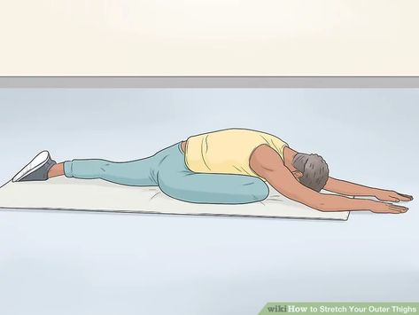 Simple Ways to Stretch Your Outer Thighs: 9 Steps (with Pictures) Thigh Stretches, Warm Up Stretches, Simple Poses, Outer Thigh, Quad Stretch, Chair Pose, Pigeon Pose, After Running, Stretch Top