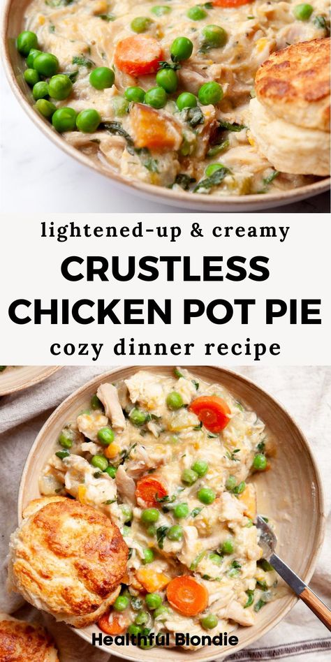 Everybody will love this cozy and comforting chicken pot pie soup! It’s ready in under 30 minutes, packed with protein, and made with rotisserie chicken and sweet potatoes - an easy and healthy one pot dinner recipe with chicken. No pie crust is needed! Chicken Pot Pie With Sweet Potatoes, Healthy Dinners With Rotisserie Chicken, Dinner Ideas With Chicken Healthy, Easy But Healthy Dinner Recipes, Healthy Chicken Pot Pie Recipe Low Carb, Health Chicken Pot Pie, Healthy Chicken Pot Pie Crockpot, Quick Easy And Healthy Dinner Recipes, Dinner Recipes With Celery