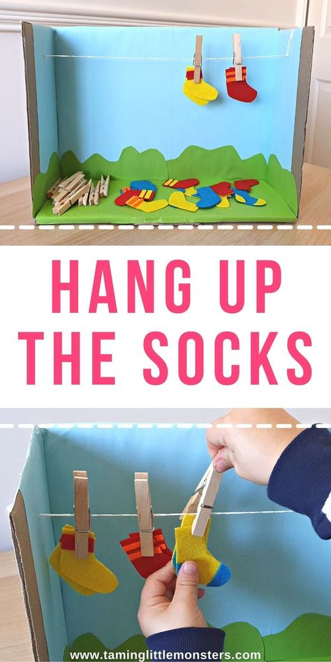 Match and Hang Up The Socks - Fine Motor Activity for Toddlers and Preschoolers. Perfect for helping kids develop fine motor skills. #finemotor #toddler #preschool #kindergarten Up And Down Activity For Preschool, Fine Motor Skills Age 3, Table Top Activities For Toddlers Classroom, Self Help Preschool Activities, Fine Motor Activities For School Age, Threading Preschool Activities, Activity Fine Motor Skills, Diy Manipulatives Preschool, Kids Learning Activities For 1 Year