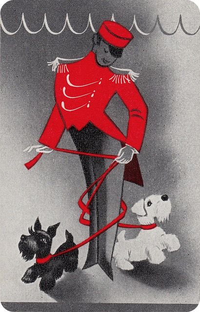 HOTEL DOORMAN in RED UNIFORM WALKING DOGS PLAYING CARD vintage 1950's (minkshmink collection) #decoplayingcard #artdeco #artdecocard #doormanplayingcard #dogplayingcard Vintage Hotel Illustration, Doorman Uniform, Bellhop Uniform, Bathroom Collage, 1950s Illustration, 1950 Art, Red Uniform, Jazz Lounge, Walking Dogs