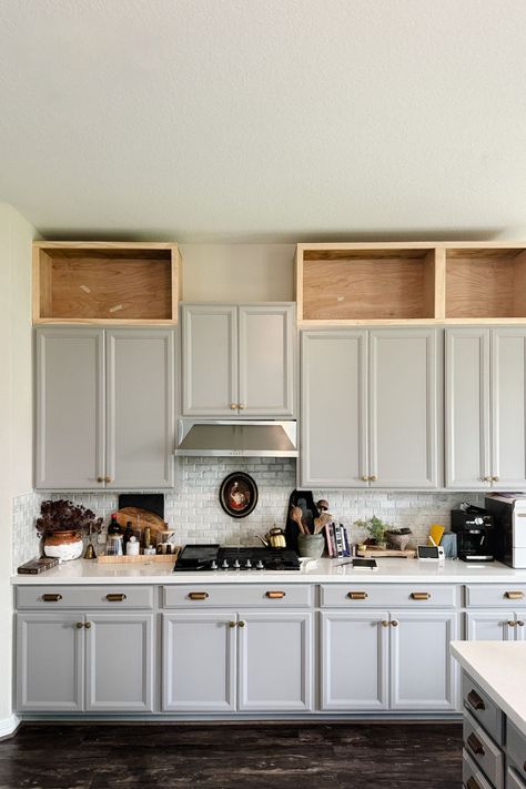 Budget DIY - Extend Kitchen Cabinets to the Ceiling - Pennies for a Fortune Elevate Kitchen Cabinets, Top Kitchen Cabinets Ideas, Building Up Kitchen Cabinets To Ceiling, Cabinet Update Diy, Cabinet Update, Finish Cabinets To Ceiling, Adding To Kitchen Cabinets, Update Kitchen Cabinets With Trim, Cheap Kitchen Upgrades