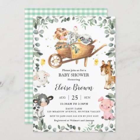 $ 2.8 | Chic Farm Animals Barnyard Greenery Baby Shower I #gender neutral boy girl #cow pig horse chicken sheep #watercolor greenery green leaves #chic whimsical #cute barnyard fun party #adorable sweet baby animals #barnyard baby shower invite #co-ed gender reveal bash #country chic wheelbarrow #birthday party Farm Baby Shower Theme, Cow Baby Shower Invitations, Farm Invitation, Cow Baby Showers, Farm Animal Party, Farm Baby Shower, Animal Baby Shower Invitations, Gender Neutral Baby Shower Invitations, Barnyard Birthday