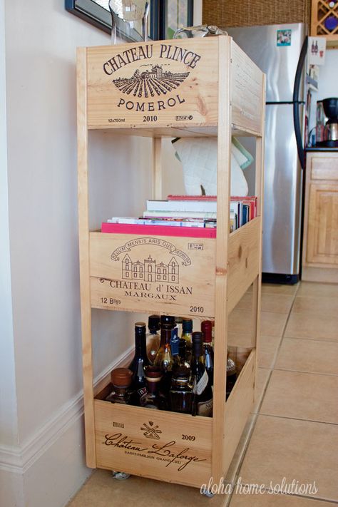 Aloha Home Solutions - DIY: Wine Crate Cookbook and Bar Cart Wine Crate Crafts, Wine Crate Diy, Wine Box Diy, Wine Box Crafts, Wine Crate Furniture, Wood Crate Shelves, Crate Projects, Crate Bar, Wooden Wine Crates