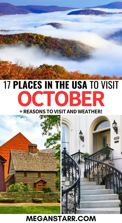 Looking for the perfect October getaway? Discover the best places to visit in the USA this fall with my guide. Enjoy vibrant autumn foliage in the Northeast, explore haunted sites for Halloween, or relax on semi-warm beaches in the South. This USA in October guide helps you find the ideal destinations to experience the season’s best offerings. Vacations In The Us, Most Beautiful Places To Visit, Amazing Places To Visit, World Most Beautiful Place, Fall Bucket List, Winter Packing, Usa Travel Guide, Vacation Usa, Dream Travel Destinations